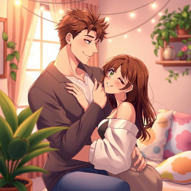 An intimate and romantic scene illustrated in a vibrant anime style, focusing on two adult characters displaying affection towards each other in a soft, dreamy atmosphere