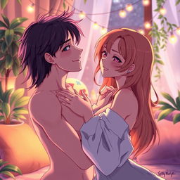 An intimate and romantic scene illustrated in a vibrant anime style, focusing on two adult characters displaying affection towards each other in a soft, dreamy atmosphere