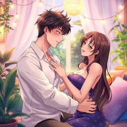 An intimate and romantic scene illustrated in a vibrant anime style, focusing on two adult characters displaying affection towards each other in a soft, dreamy atmosphere