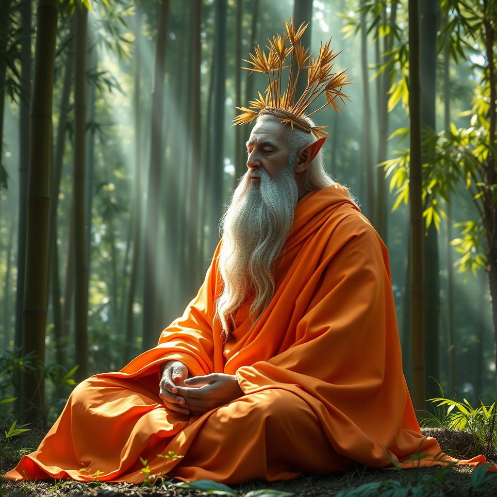 An astral elf monk with a long, flowing beard, his face partly shrouded in shadow, seated gracefully in a meditative pose