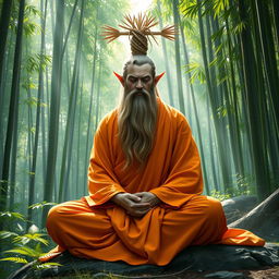 An astral elf monk with a long, flowing beard, his face partly shrouded in shadow, seated gracefully in a meditative pose