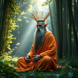 An astral elf monk with a long, flowing beard, his face partly shrouded in shadow, seated gracefully in a meditative pose