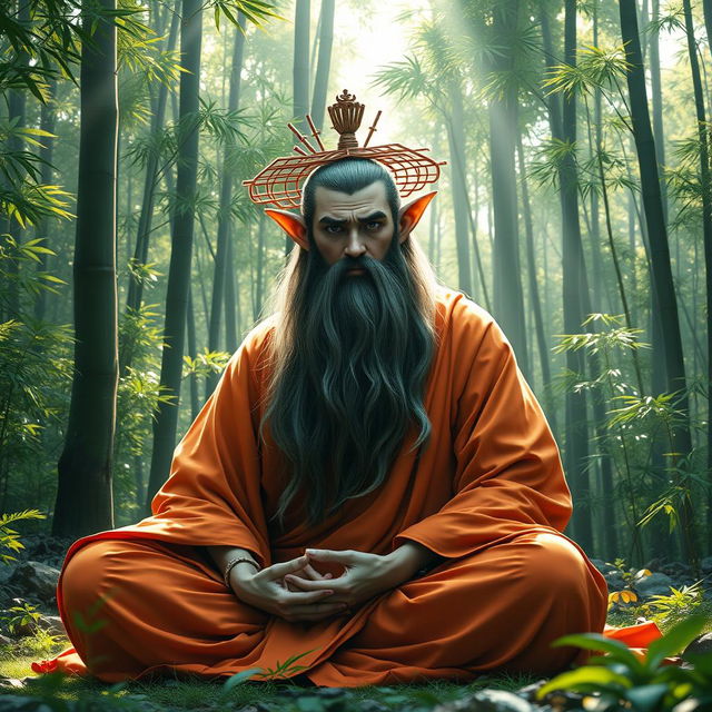 An astral elf monk with a long, flowing beard, his face partly shrouded in shadow, seated gracefully in a meditative pose