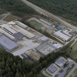 An aerial view of a strategically located SWAT premises, featuring various buildings, training facilities, vehicle depots, and surrounded by high security measures.