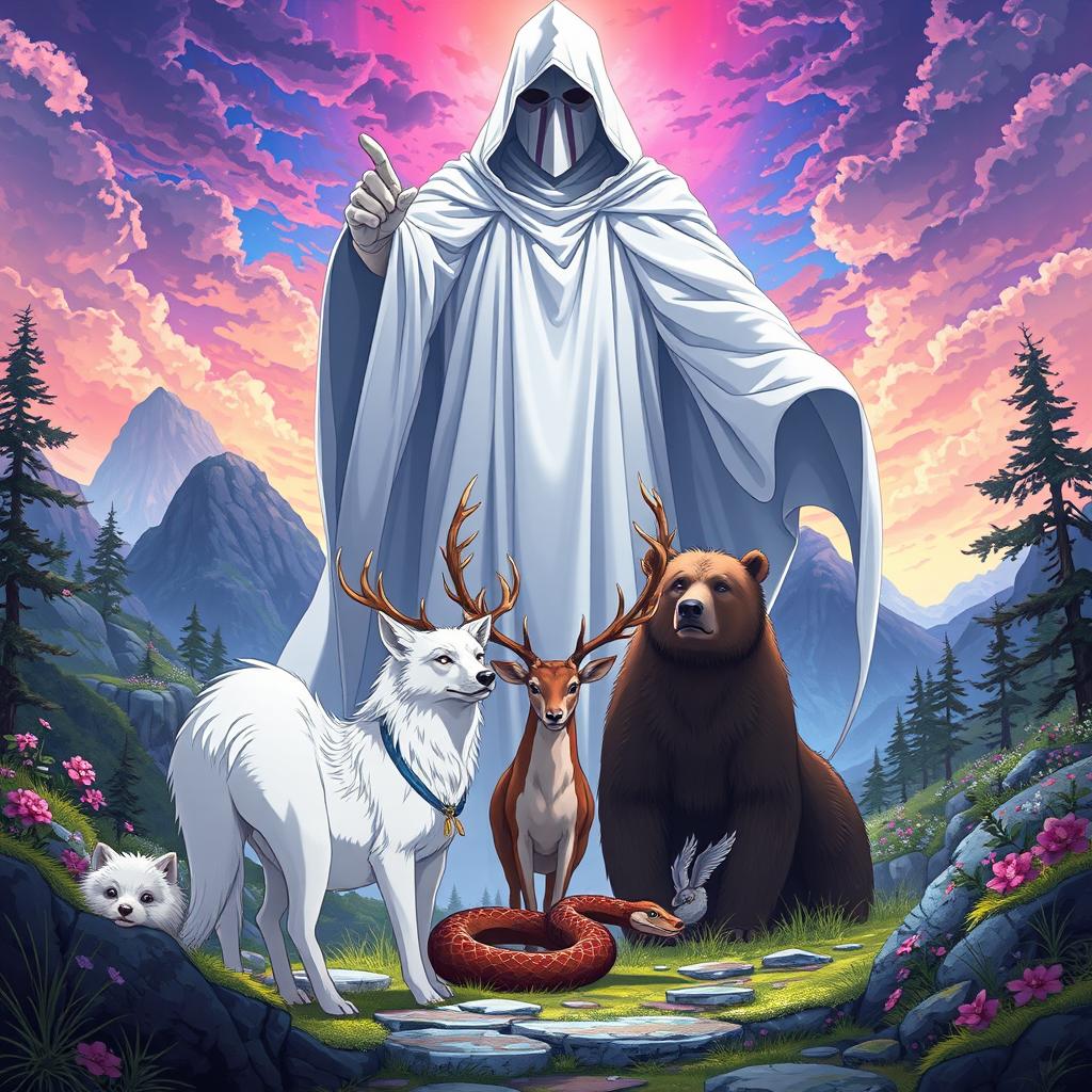 An enchanting anime-style illustration featuring a white wolf, a serpent, a male stag, and a bear, all positioned in front of a gigantic, mysterious human figure cloaked in white