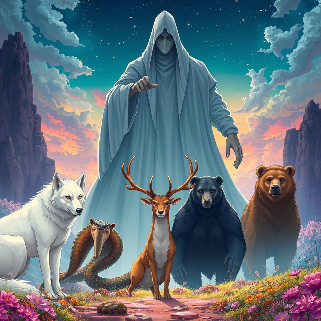 An enchanting anime-style illustration featuring a white wolf, a serpent, a male stag, and a bear, all positioned in front of a gigantic, mysterious human figure cloaked in white