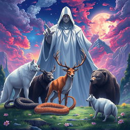 An enchanting anime-style illustration featuring a white wolf, a serpent, a male stag, and a bear, all positioned in front of a gigantic, mysterious human figure cloaked in white