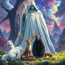 An enchanting anime-style illustration featuring a white wolf, a serpent, a male stag, and a bear, all positioned in front of a gigantic, mysterious human figure cloaked in white