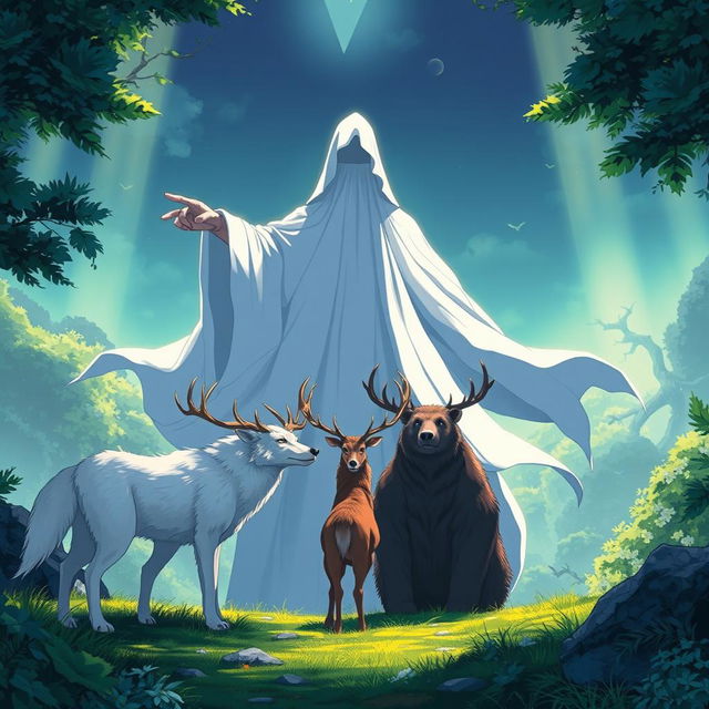 An enchanting anime-style illustration featuring a white wolf, a male stag, and a bear, gathered in front of a gigantic, mysterious human figure cloaked in white