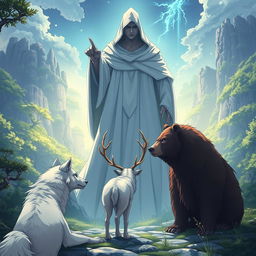 An enchanting anime-style illustration featuring a white wolf, a male stag, and a bear, gathered in front of a gigantic, mysterious human figure cloaked in white