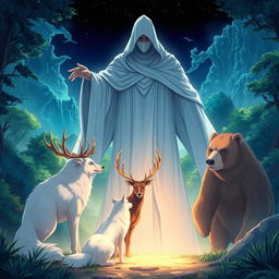 An enchanting anime-style illustration featuring a white wolf, a male stag, and a bear, gathered in front of a gigantic, mysterious human figure cloaked in white