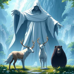 An enchanting anime-style illustration featuring a white wolf, a male stag, and a bear, gathered in front of a gigantic, mysterious human figure cloaked in white