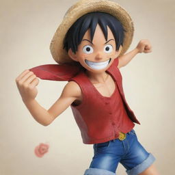 Monkey D. Luffy, the main protagonist from 'One Piece', with his signature straw hat, black short hair, smiling face, and red vest, adopting a fighting stance.