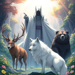 An engaging anime-style illustration featuring a white wolf prominently in the center, flanked by a male stag on the left and a bear on the right