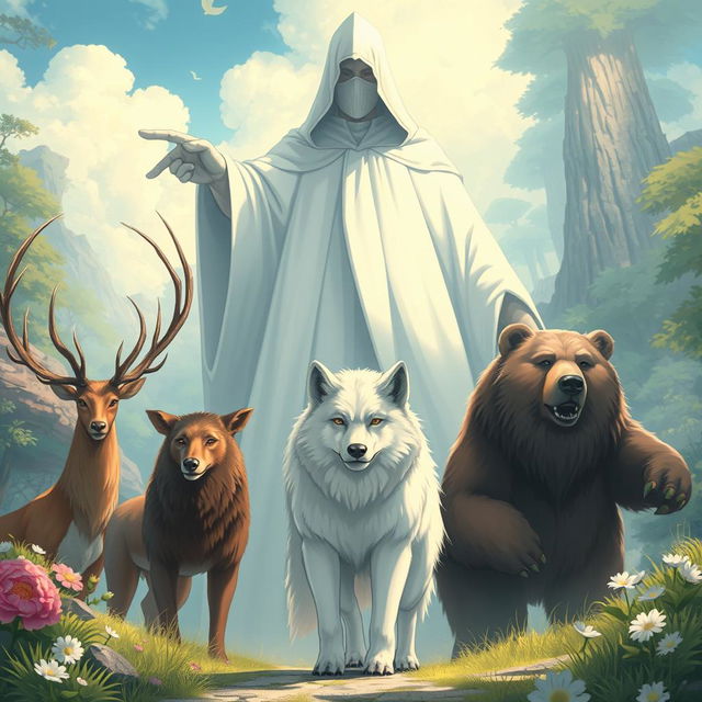 An engaging anime-style illustration featuring a white wolf prominently in the center, flanked by a male stag on the left and a bear on the right