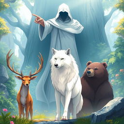 An engaging anime-style illustration featuring a white wolf prominently in the center, flanked by a male stag on the left and a bear on the right