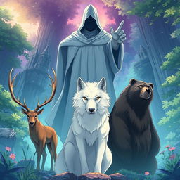 An engaging anime-style illustration featuring a white wolf prominently in the center, flanked by a male stag on the left and a bear on the right