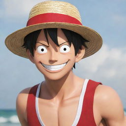 Monkey D. Luffy, the main protagonist from 'One Piece', with his signature straw hat, black short hair, smiling face, and red vest, adopting a fighting stance.