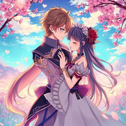 A vibrant anime-style illustration of two characters in an intimate moment, showcasing a romantic atmosphere