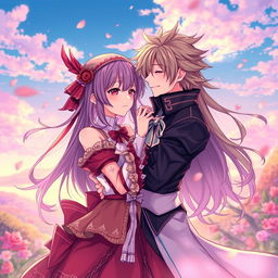 A vibrant anime-style illustration of two characters in an intimate moment, showcasing a romantic atmosphere