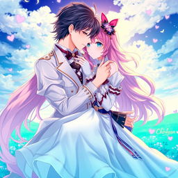 A vibrant anime-style illustration of two characters in an intimate moment, showcasing a romantic atmosphere