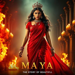 A stunning Indian queen radiating beauty and power, draped in a gorgeous red saree that flows elegantly as she strides confidently through a grand hall of a palace