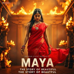 A stunning Indian queen radiating beauty and power, draped in a gorgeous red saree that flows elegantly as she strides confidently through a grand hall of a palace