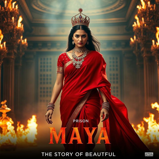 A stunning Indian queen radiating beauty and power, draped in a gorgeous red saree that flows elegantly as she strides confidently through a grand hall of a palace