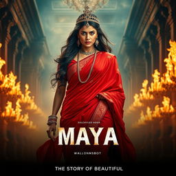 A stunning Indian queen radiating beauty and power, draped in a gorgeous red saree that flows elegantly as she strides confidently through a grand hall of a palace