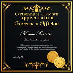 A distinguished Certificate of Appreciation specifically designed for Government officials, utilizing a refined black and gold color palette