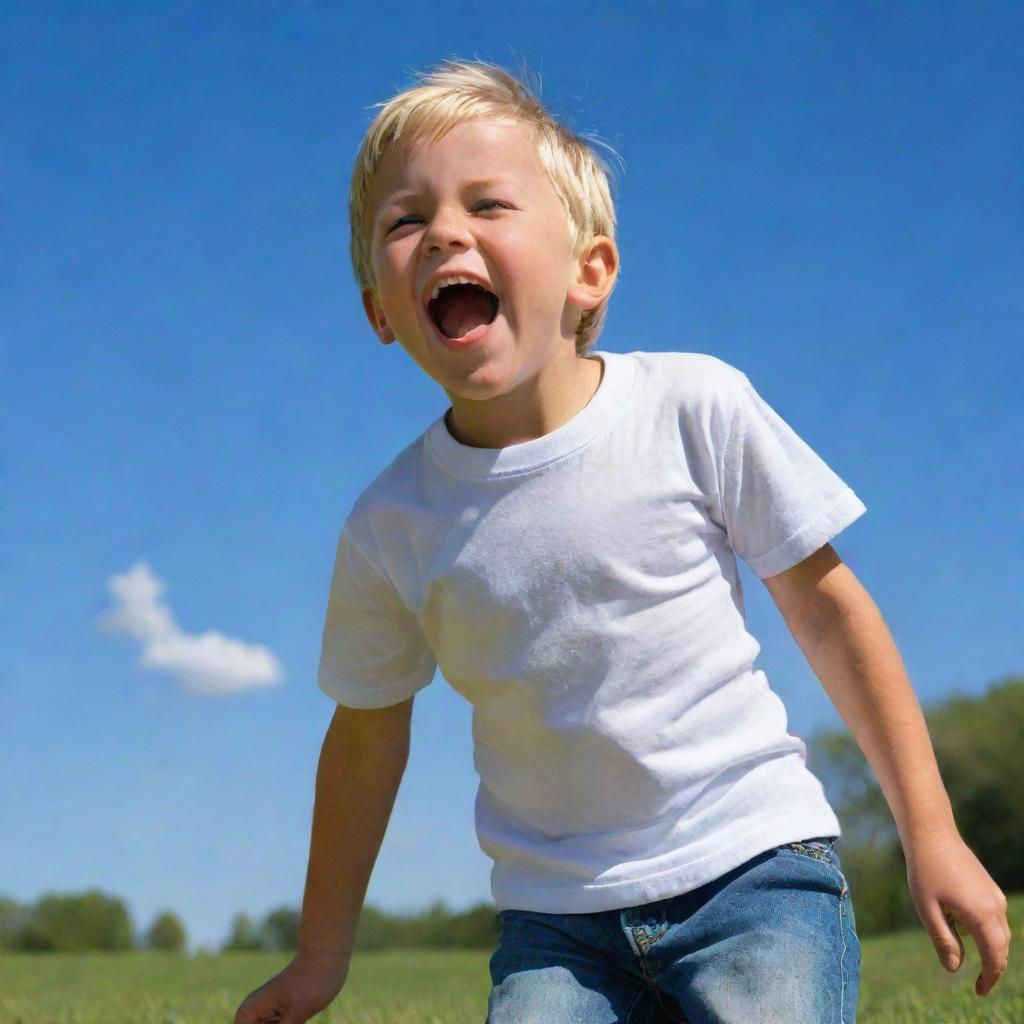A vivid depiction of an innocent, lively young boy playing joyfully outdoors under a crisp, blue sky.