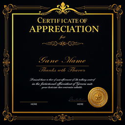 A distinguished Certificate of Appreciation specifically designed for Government officials, utilizing a refined black and gold color palette