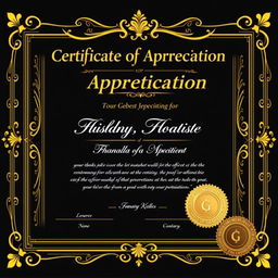 A distinguished Certificate of Appreciation specifically designed for Government officials, utilizing a refined black and gold color palette