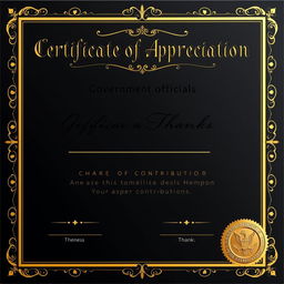 A distinguished Certificate of Appreciation specifically designed for Government officials, utilizing a refined black and gold color palette