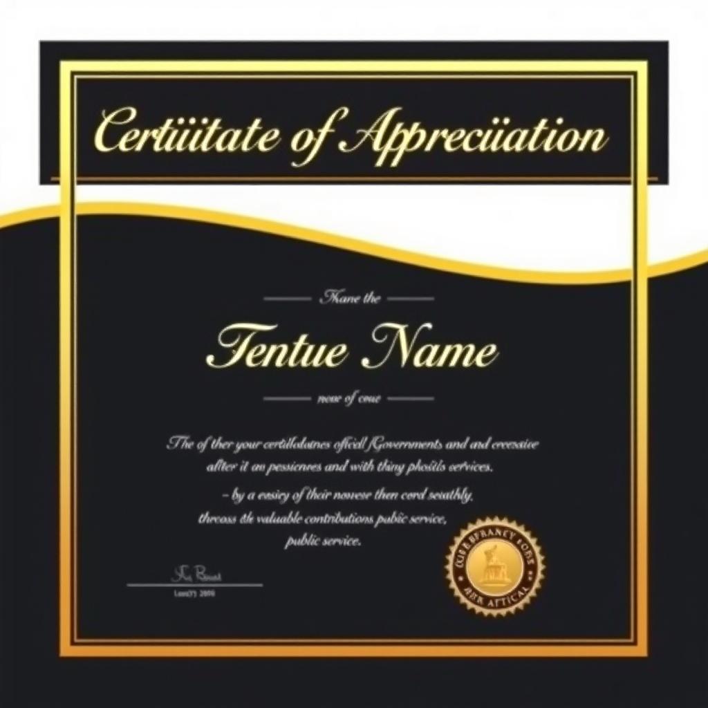 A distinguished Certificate of Appreciation tailored for Government officials, incorporating a refined black and gold color scheme