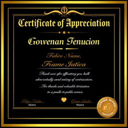 A distinguished Certificate of Appreciation tailored for Government officials, incorporating a refined black and gold color scheme