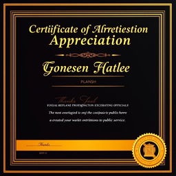 A distinguished Certificate of Appreciation tailored for Government officials, incorporating a refined black and gold color scheme
