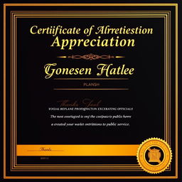 A distinguished Certificate of Appreciation tailored for Government officials, incorporating a refined black and gold color scheme