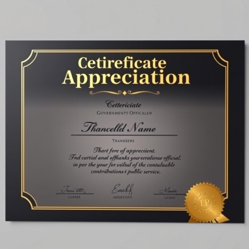 A distinguished Certificate of Appreciation tailored for Government officials, incorporating a refined black and gold color scheme