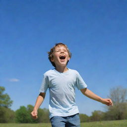 A vivid depiction of an innocent, lively young boy playing joyfully outdoors under a crisp, blue sky.