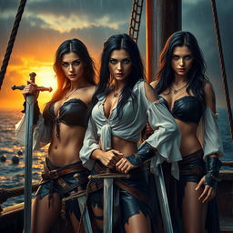 A photorealistic image of three athletic pirate women with dark hair and striking blue eyes, showcasing defined abdominal muscles