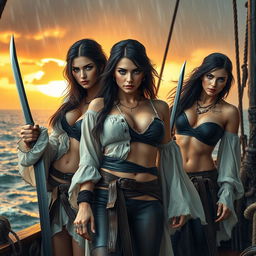 A photorealistic image of three athletic pirate women with dark hair and striking blue eyes, showcasing defined abdominal muscles