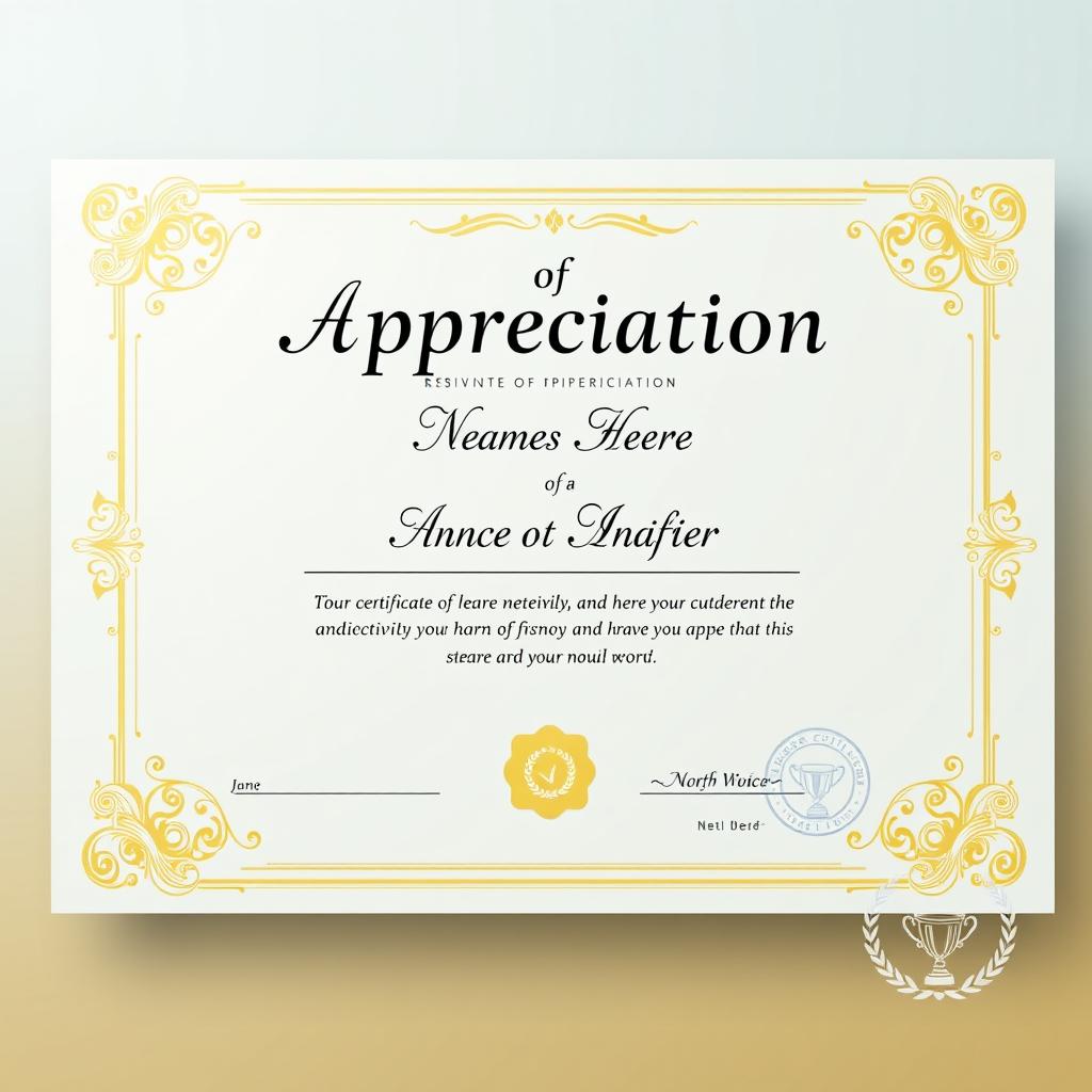 A beautifully designed Certificate of Appreciation, featuring an elegant border and ornate patterns