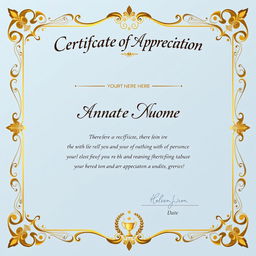A beautifully designed Certificate of Appreciation, featuring an elegant border and ornate patterns