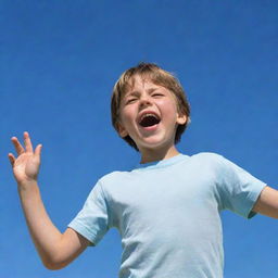 A vivid depiction of an innocent, lively young boy playing joyfully outdoors under a crisp, blue sky.