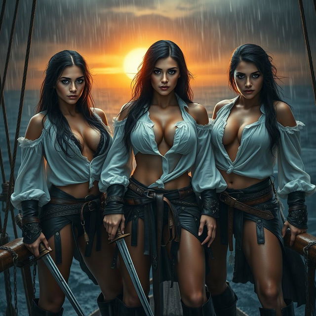 A photorealistic high-quality photo featuring three athletic pirate women standing on a pirate ship during a torrential downpour