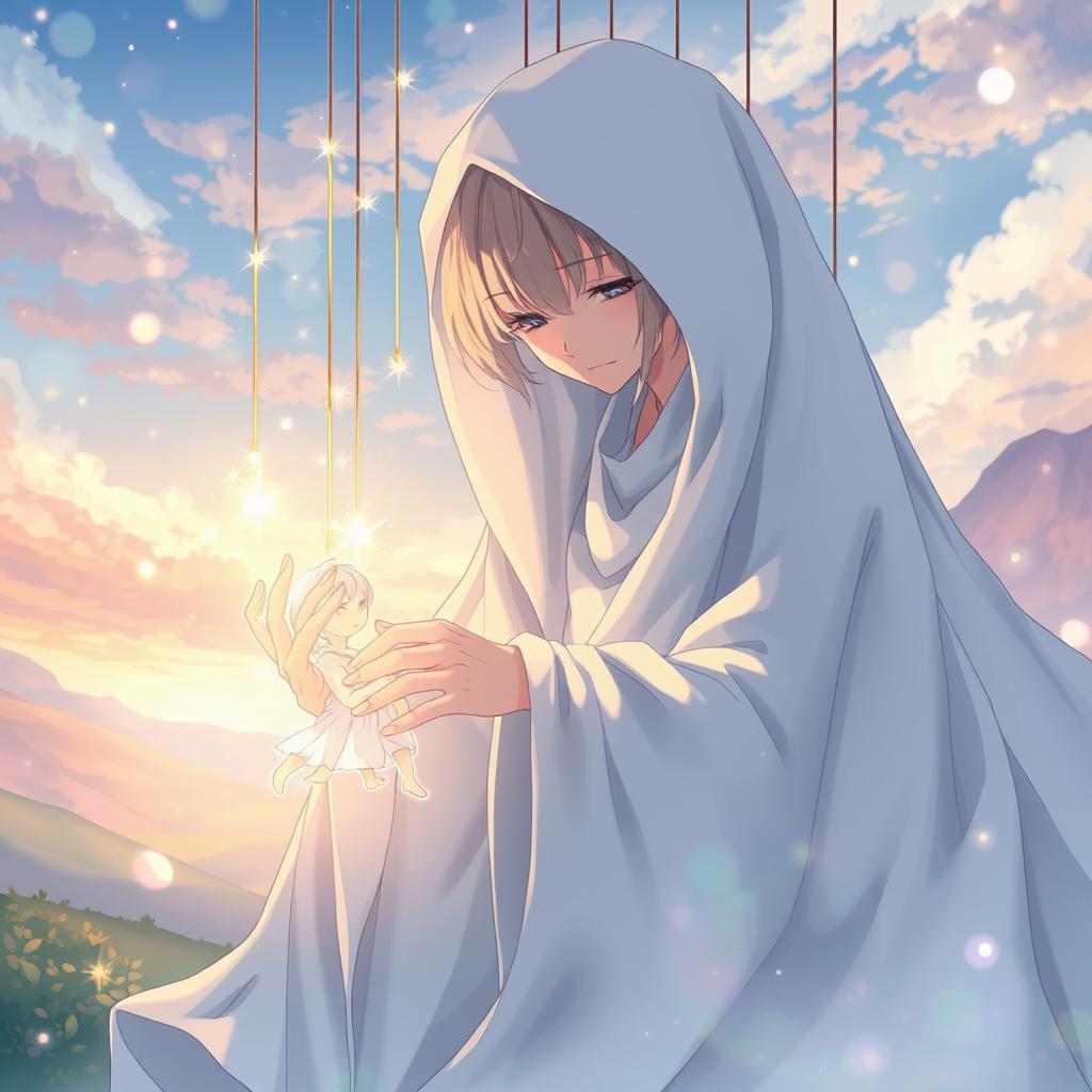 An anime-style illustration of a mysterious, puppet-like humanoid figure draped in flowing white fabric