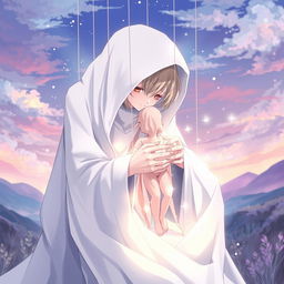 An anime-style illustration of a mysterious, puppet-like humanoid figure draped in flowing white fabric