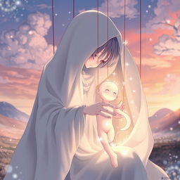 An anime-style illustration of a mysterious, puppet-like humanoid figure draped in flowing white fabric