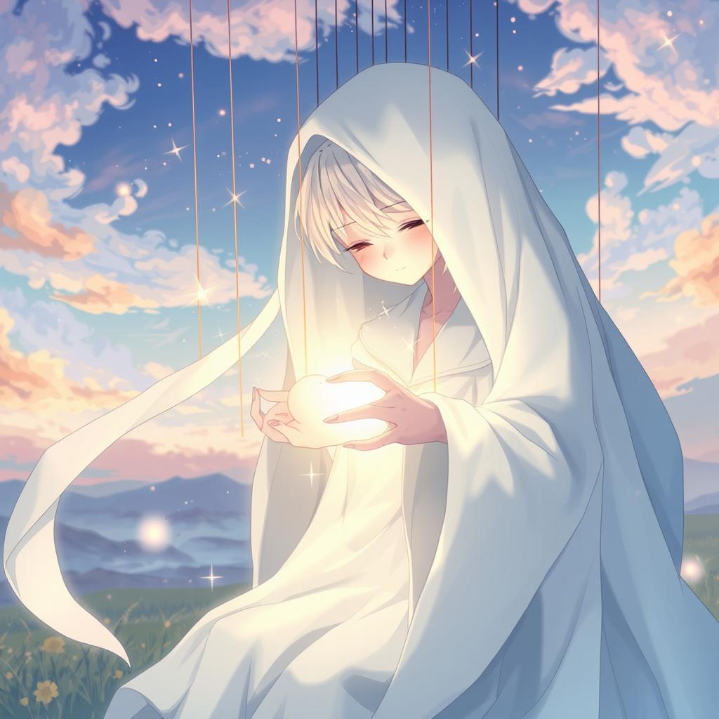 An anime-style illustration of a mysterious, puppet-like humanoid figure draped in flowing white fabric